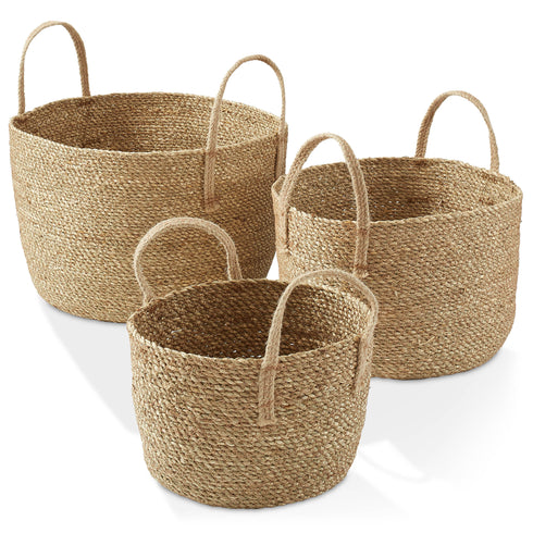 Set of 3 Braided Seagrass Baskets with Jute Handles